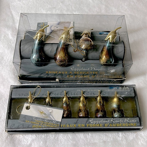 🖤JOIE de VIVRE 4 Eggplant Napkin Rings + 6 Knife rests bundle - Picture 1 of 10
